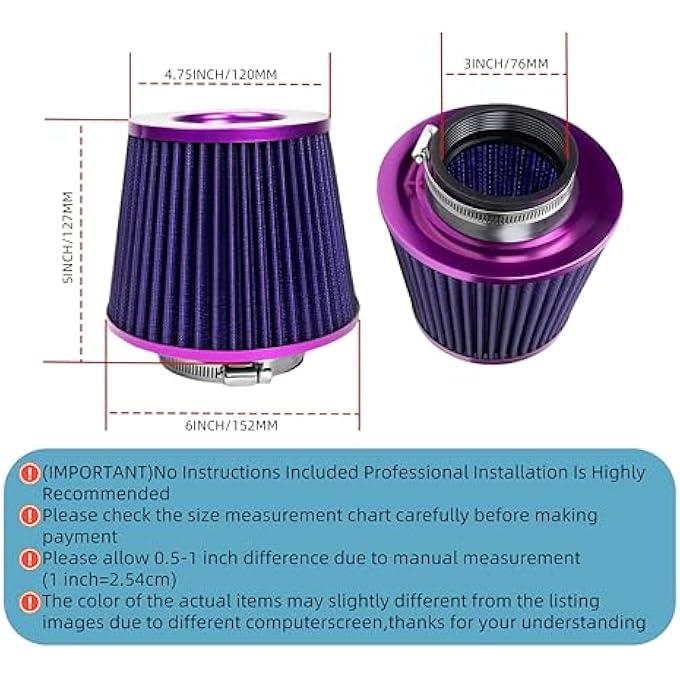 TBYUM Universal Clamp-On Air Intake Filter, High Performance, Washable Filter, Replacement Air Filter, Flange Diameter 3inch/76mm (Purple) - Image 2