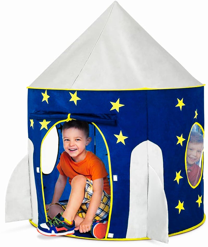 FoxPrint Rocket Ship Tent - Space Themed Pretend Play Tent - Space Play House - Spaceship Tent For Kids - Foldable Pop Up Star Play Tent Blue - Image 1