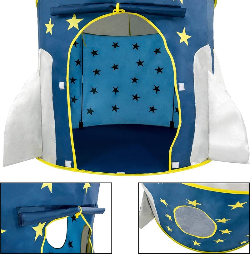 FoxPrint Rocket Ship Tent - Space Themed Pretend Play Tent - Space Play House - Spaceship Tent For Kids - Foldable Pop Up Star Play Tent Blue - Image 3