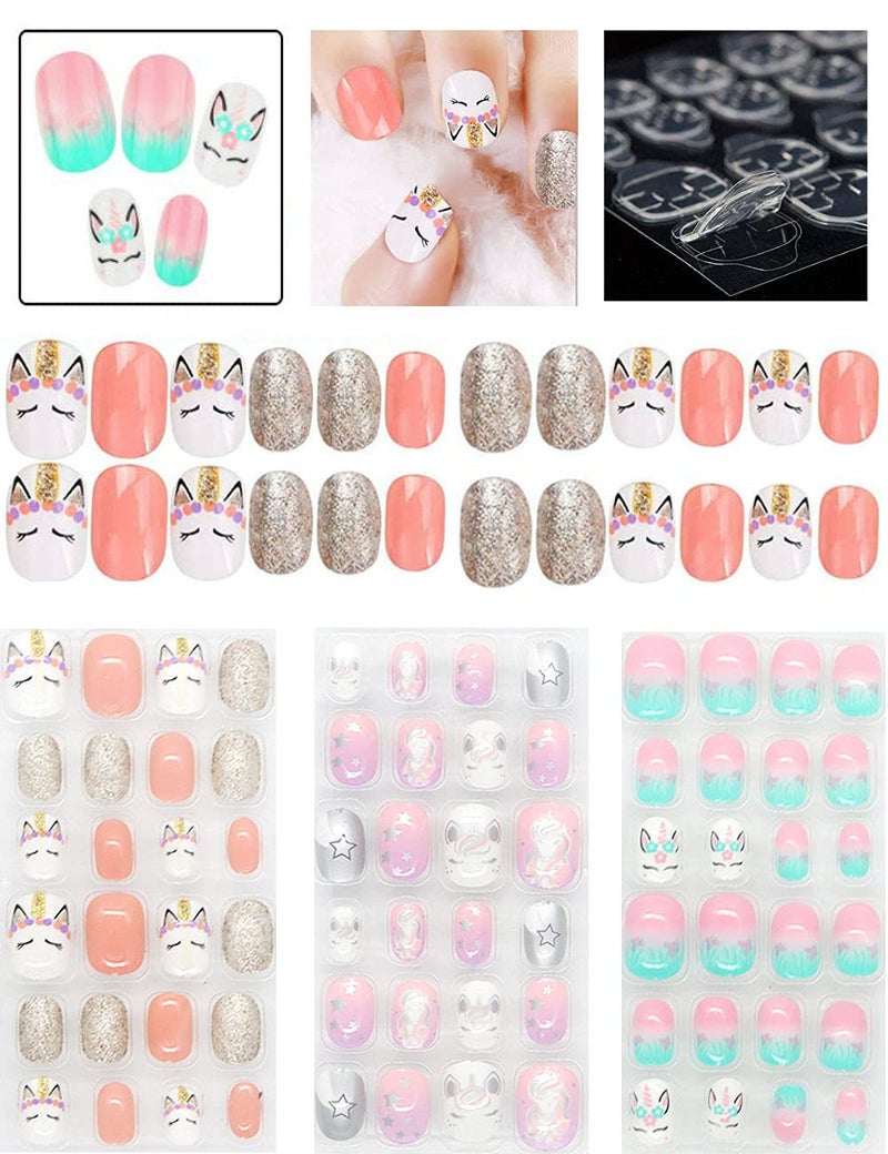Rain Bingo 72 Pieces False Nails Press on Nails for Kids Unicorn Short Fake Artificial Full Cover Nail Art Kits Transation with Nail Glue Tabs for Girls Children