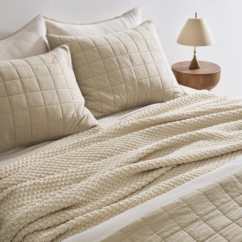 EVERGRACEHOME Chunky Chenille Knit Throw Blanket for Couch, Soft Luxurious Oversized Queen Moss Stitch Blanket for Bed, Cozy Farmhouse Knitted Throw for Sofa, Beige, 90" x 90" - Image 3