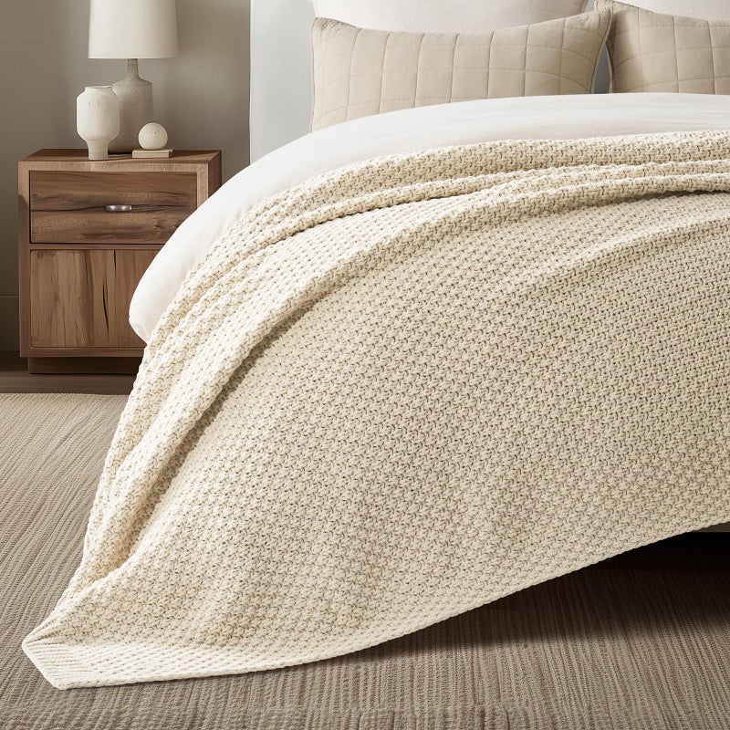 EVERGRACEHOME Chunky Chenille Knit Throw Blanket for Couch, Soft Luxurious Oversized Queen Moss Stitch Blanket for Bed, Cozy Farmhouse Knitted Throw for Sofa, Beige, 90" x 90" - Image 4