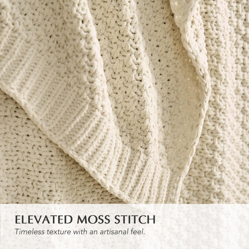 EVERGRACEHOME Chunky Chenille Knit Throw Blanket for Couch, Soft Luxurious Oversized Queen Moss Stitch Blanket for Bed, Cozy Farmhouse Knitted Throw for Sofa, Beige, 90" x 90" - Image 2