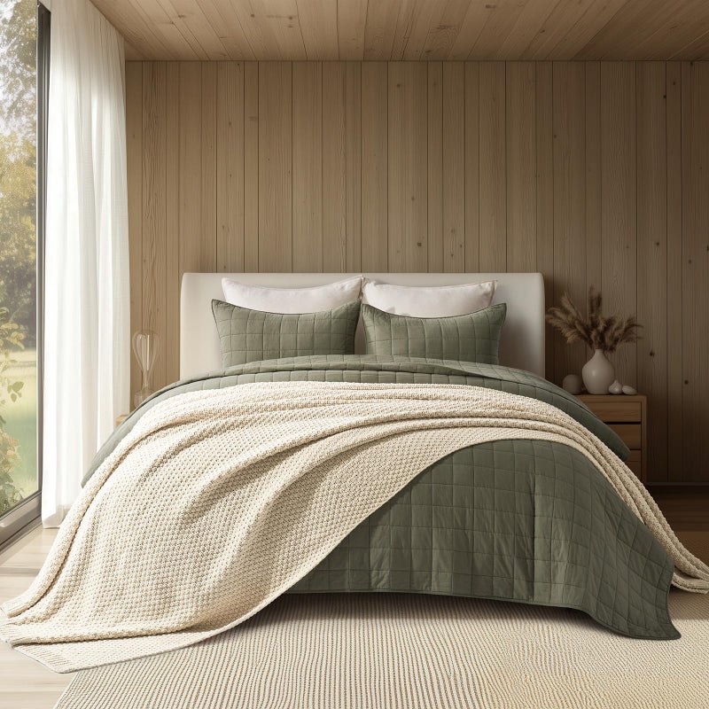EVERGRACEHOME Chunky Chenille Knit Throw Blanket for Couch, Soft Luxurious Oversized Queen Moss Stitch Blanket for Bed, Cozy Farmhouse Knitted Throw for Sofa, Beige, 90" x 90" - Image 1