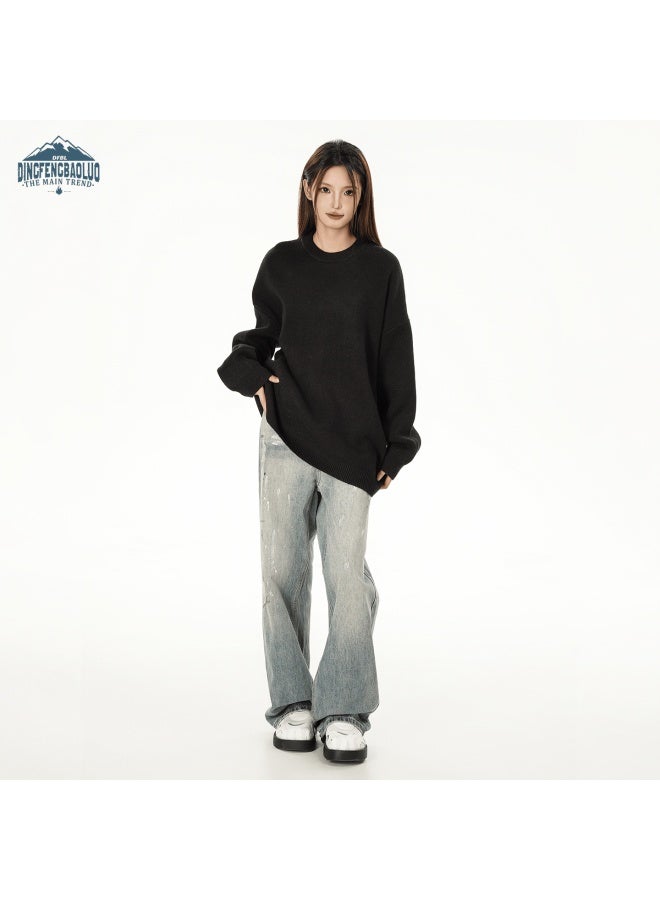 Dingfengbaoluo Round Neck Sweater Uni Lazy Style French Spring Loose Fit Base Shirt Lo800 Black M - Image 5