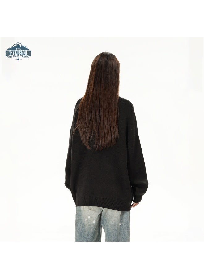 Dingfengbaoluo Round Neck Sweater Uni Lazy Style French Spring Loose Fit Base Shirt Lo800 Black M - Image 2