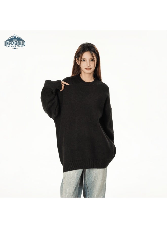 Dingfengbaoluo Round Neck Sweater Uni Lazy Style French Spring Loose Fit Base Shirt Lo800 Black M - Image 1