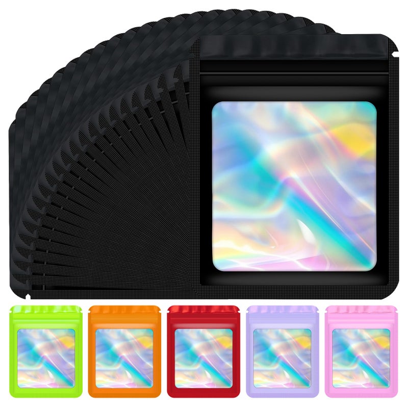 Jetmore 100 pcs Holographic Bags Mylar Resealable Bags for Small Business Sealable Packaging Bag for Candy Food Storage Sample Bracelet Product Freshie Supplies Gifts Smell Proof Bag 3Ã—3 Inch, Black - Image 1