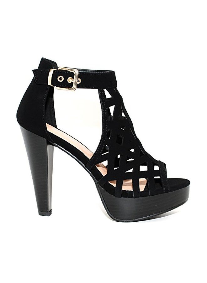 TRENDSup Collection Open Toe Ankle Strap Sandal – Western Bootie Stacked Heel Open Toe Cutout Shoes (7.5, Black) - Image 1