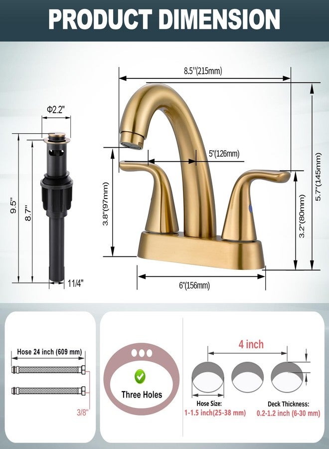 ALEASHA Brushed Gold Bathroom Sink Faucet: ALEASHA 4 Inch Centerset Bathroom Faucet, 2 Handles Washroom Sink Faucets with Pop Up Drain Stopper, RV Lavatory Vanity Faucets with Aesthetic Appeal - Image 3
