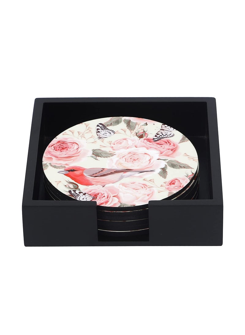 RF REINVENTION FACTORY Reinvention Factory Wooden MDF Coasters Set of 6 in Vintage RosesBird Design with Stand Multicolor  - Image 2