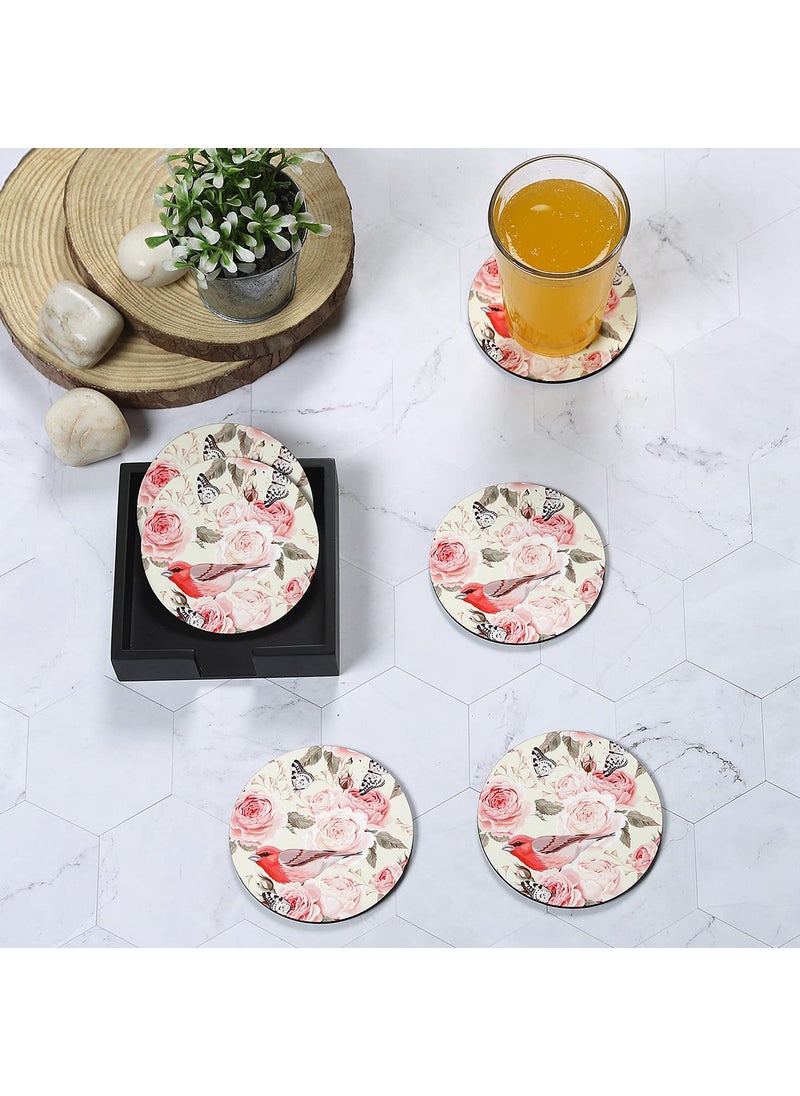 RF REINVENTION FACTORY Reinvention Factory Wooden MDF Coasters Set of 6 in Vintage RosesBird Design with Stand Multicolor  - Image 1