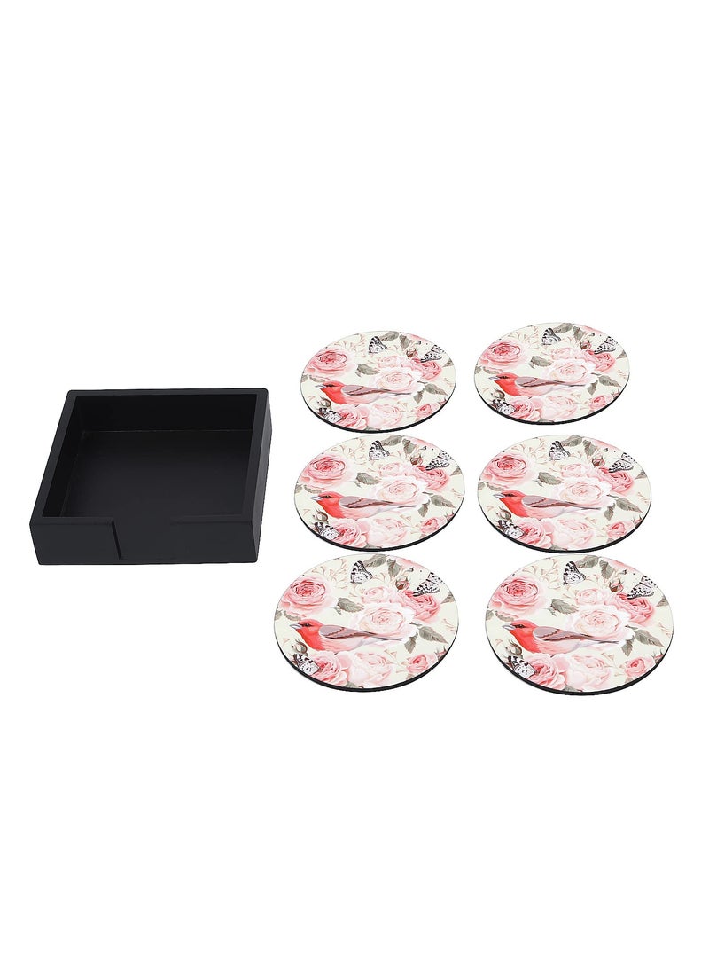 RF REINVENTION FACTORY Reinvention Factory Wooden MDF Coasters Set of 6 in Vintage RosesBird Design with Stand Multicolor  - Image 5