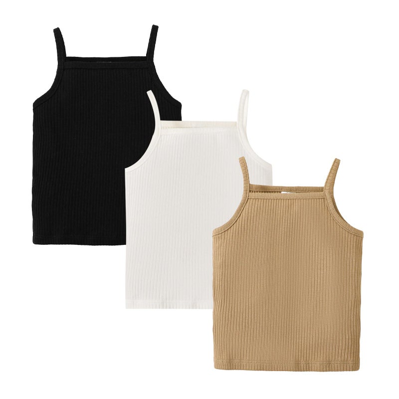 ROMPERINBOX Toddler Tank Tops Girls Spaghetti Strap Ribbed Knit 3 Pack Sleeveless Casual Basic Cami Top for 18-24 Months(Black/White/Brown,18-24 Months) - Image 1