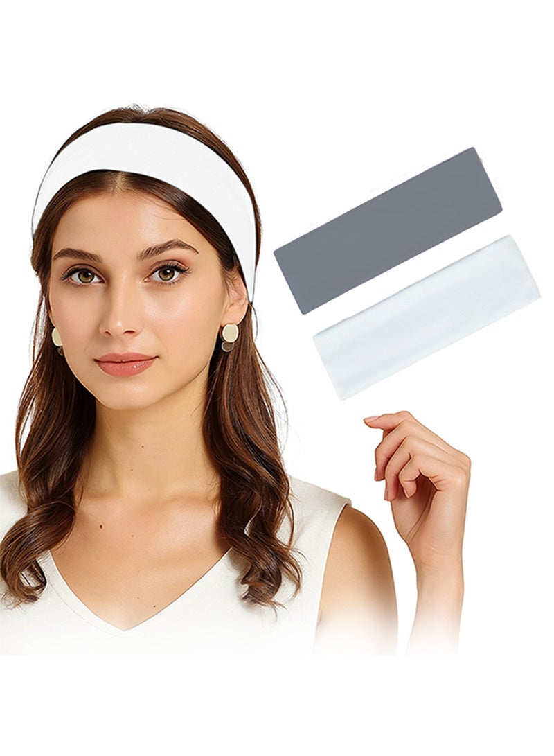 Wide Headbands for Women Men, 2 pack White & Gray Fashion Headbands for Women's Hair, Soft Fabric Stretchy Hair Bands for Makeup, Yoga, Running, Sports - Image 1