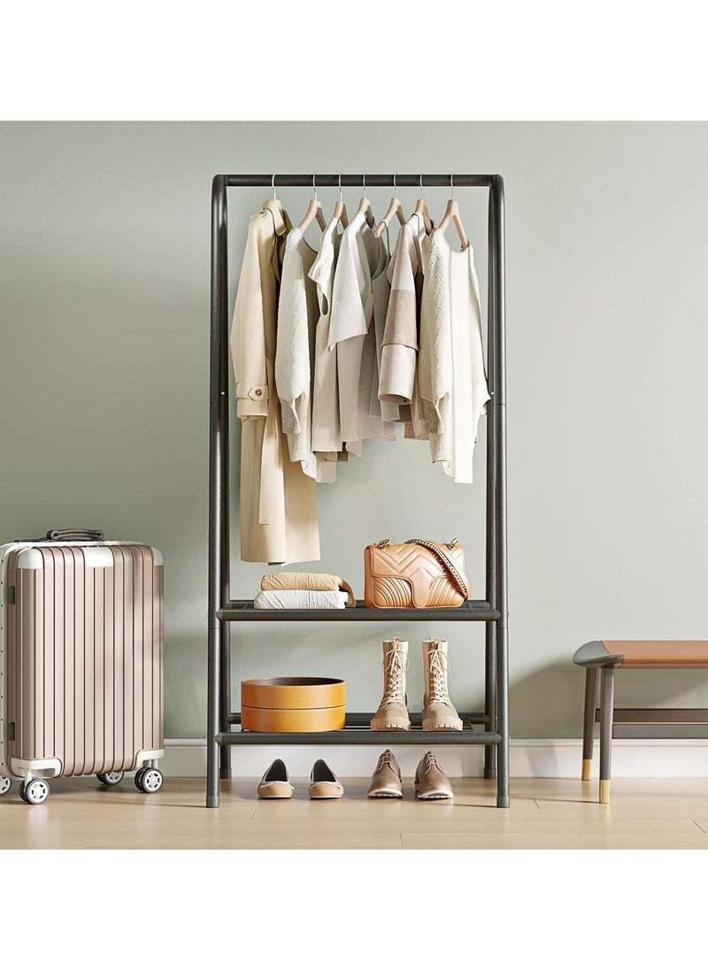 Taizz Ventures - Portable Metal Small Garment Rack, Sturdy Clothing Rack with Double Layer Shelf for Storing Clothes, Shoes, Suitable for Bedroom, Office, Living Room, 24.4 x 13.8 x 62Inches - Coffee - Image 1