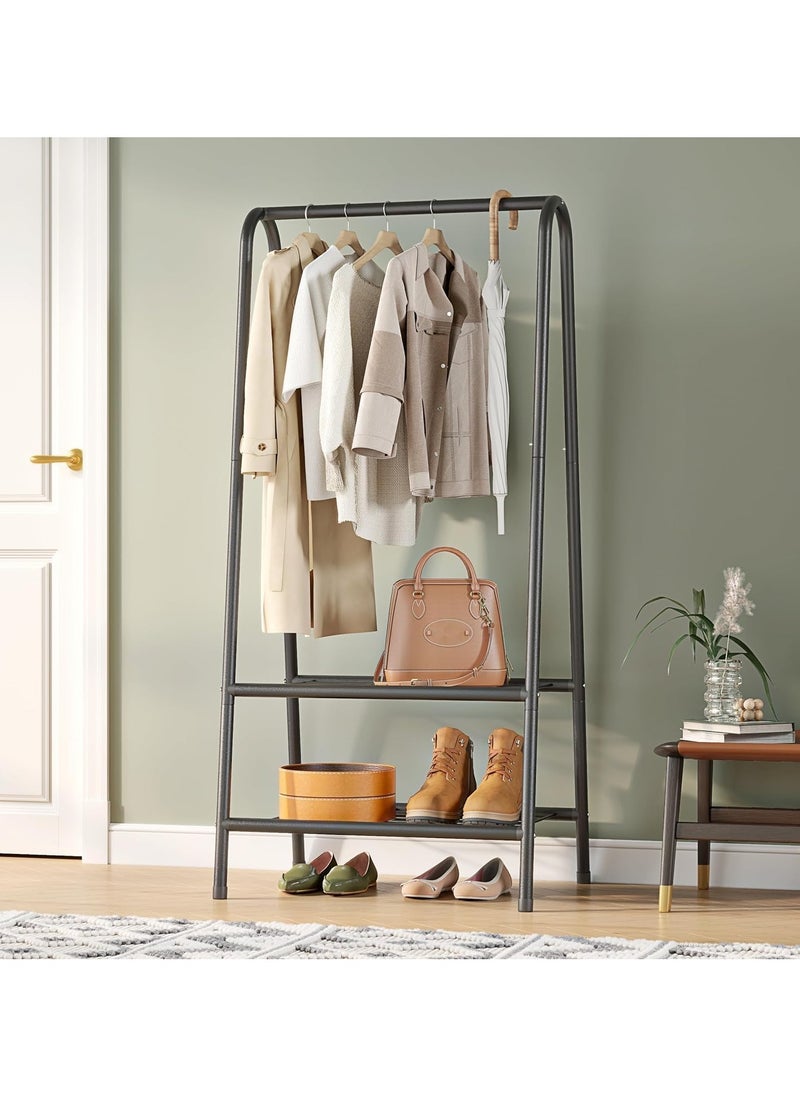 Taizz Ventures - Portable Metal Small Garment Rack, Sturdy Clothing Rack with Double Layer Shelf for Storing Clothes, Shoes, Suitable for Bedroom, Office, Living Room, 24.4 x 13.8 x 62Inches - Coffee - Image 1
