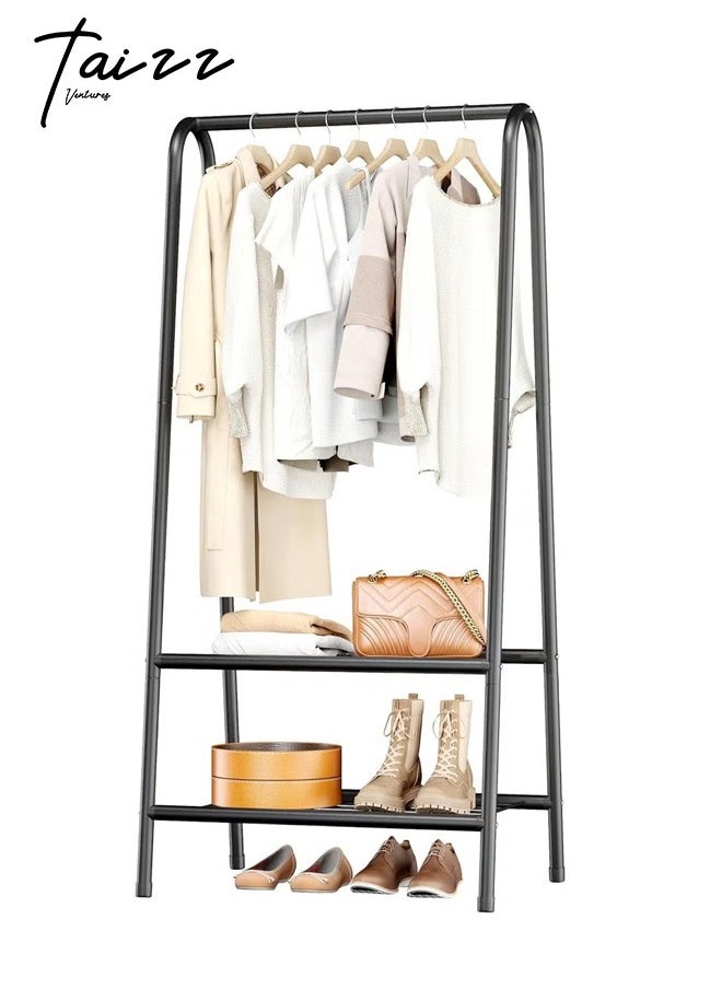 Taizz Ventures - Portable Metal Small Garment Rack, Sturdy Clothing Rack with Double Layer Shelf for Storing Clothes, Shoes, Suitable for Bedroom, Office, Living Room, 24.4 x 13.8 x 62Inches - Coffee - Image 1