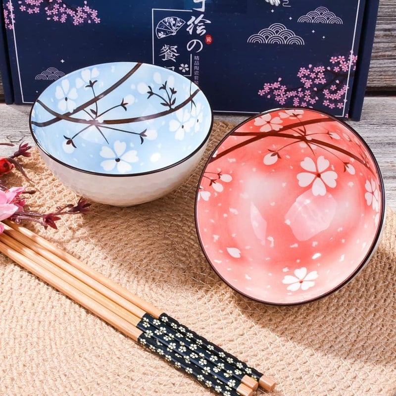 Cerficer Japanese Rice Bowls Ceramic Sushi Bowl Set of 2 for Nuts Sauces and Snacks Blue and Pink - Image 2