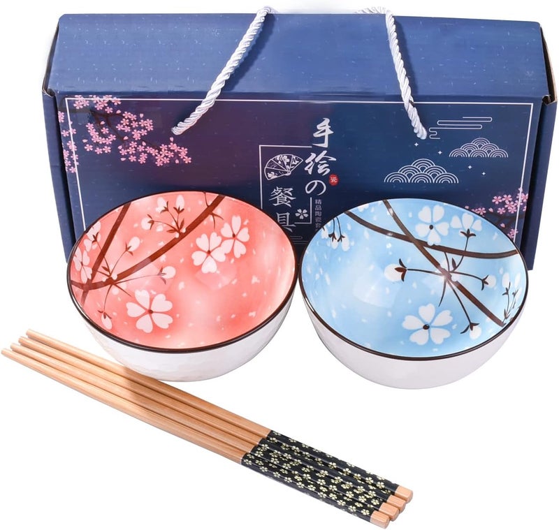 Cerficer Japanese Rice Bowls Ceramic Sushi Bowl Set of 2 for Nuts Sauces and Snacks Blue and Pink - Image 1