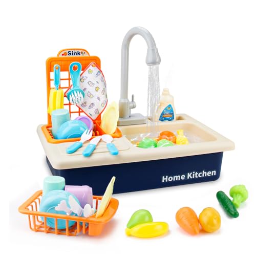 BOBXIN Play Sink with Running Water Kids Play Kitchen Toy Sink Electric Dishwasher Pretend Role Play Kitchen Toys Set with Upgraded Working Faucet and Dishes Playset for Toddlers Girls Boys - Image 1