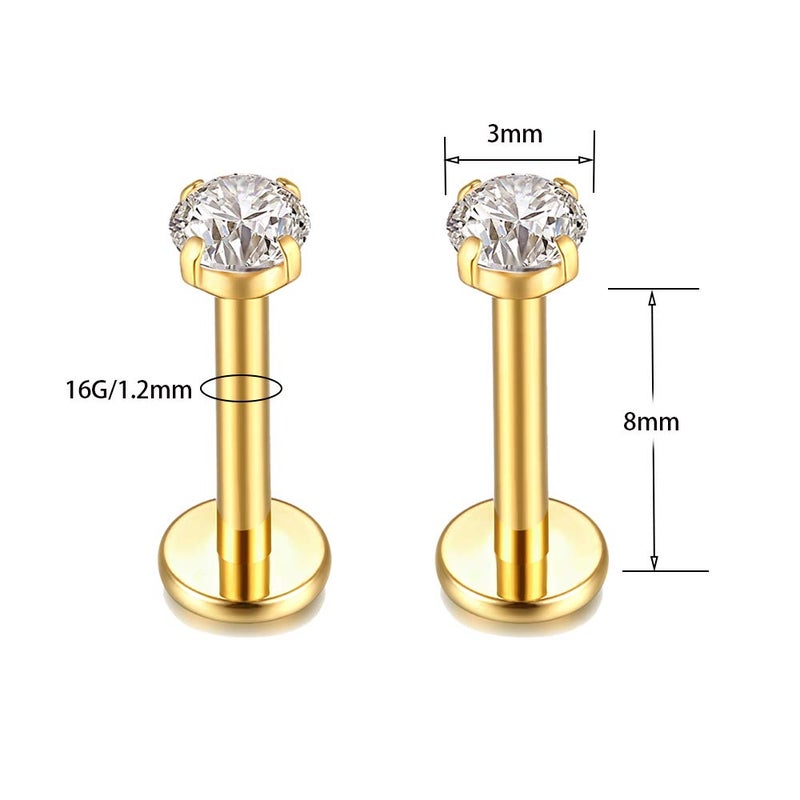 KaseStyle G23 Titanium Labret Studs 16G Lip Earring Piercing Internally Threaded CZ Top Labret Monroe Helix Cartilage Tragus Piercing Studs (8mm 2 pairs gold triple&round CZ) - Image 3