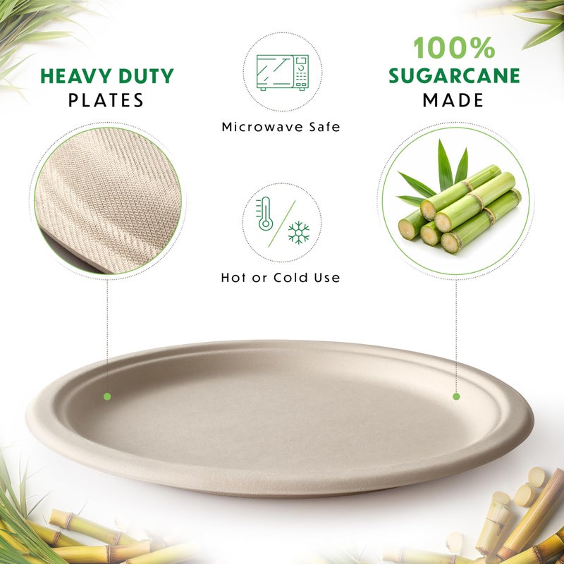 Alitte Compostable Plates, Disposable Heavy Duty Paper Plates - [125 Count] 9 Inch, Unbleached Biodegradable, Made of Natural Sugarcane Bagasse, Brown, For Everyday Use Meals, Dinner, Party, Eco-Friendly - Image 2