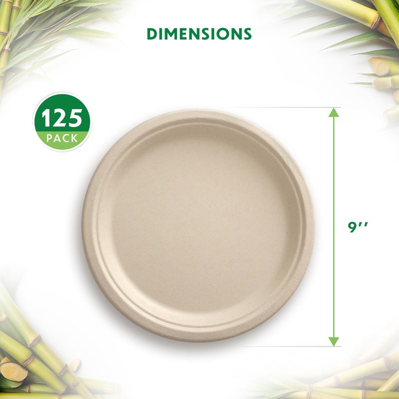 Alitte Compostable Plates, Disposable Heavy Duty Paper Plates - [125 Count] 9 Inch, Unbleached Biodegradable, Made of Natural Sugarcane Bagasse, Brown, For Everyday Use Meals, Dinner, Party, Eco-Friendly - Image 3
