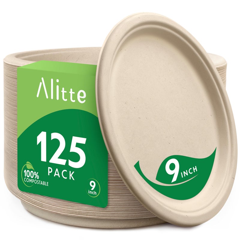 Alitte Compostable Plates, Disposable Heavy Duty Paper Plates - [125 Count] 9 Inch, Unbleached Biodegradable, Made of Natural Sugarcane Bagasse, Brown, For Everyday Use Meals, Dinner, Party, Eco-Friendly - Image 1