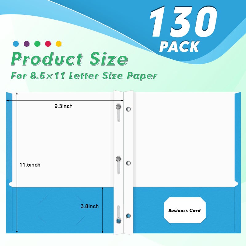 PANDRI Two Pocket Folders, PANDRI 130 Pack Two Pocket Folders with Prongs, 2 Pocket 3 Prong Folders Designed for Office and Classroom, Letter Size, Assorted 5 Colors - Image 2
