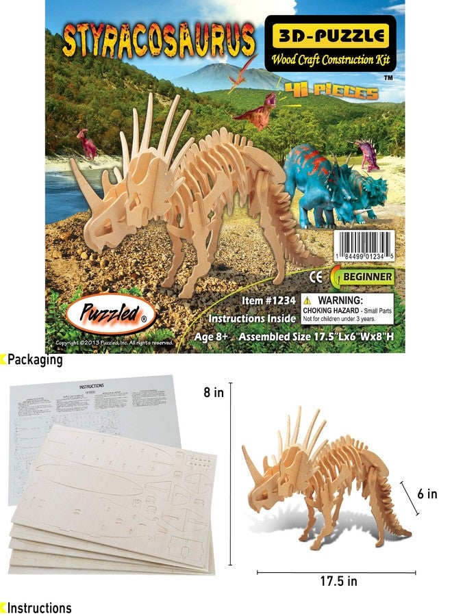 Puzzled 3D Puzzle Styracosaurus Dinosaur Wood Craft Construction Model Kit Educational DIY Wooden Dino Toy Assemble Model Unfinished Crafting Hobby Puzzle to Build & Paint for Decoration 41pc Pack - Image 2