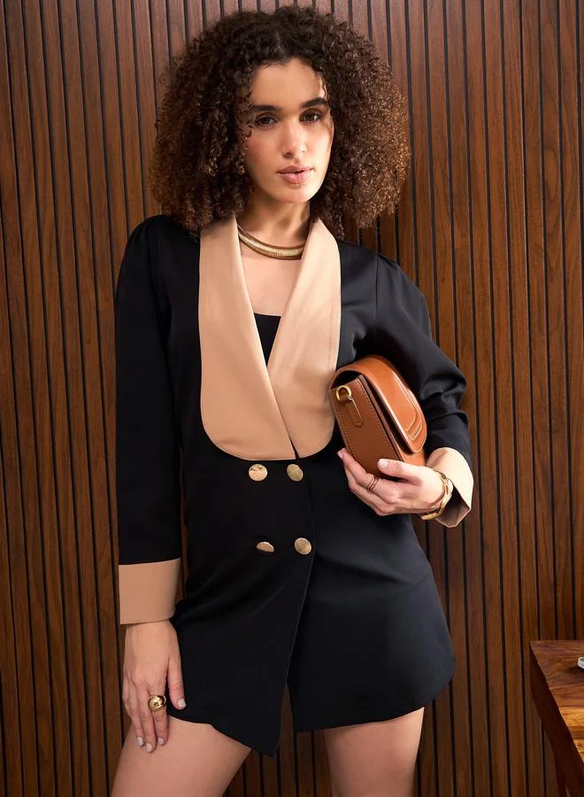SASSAFRAS Sassafras Women Black Contrast Trim Double Breasted Blazer Mini Dress