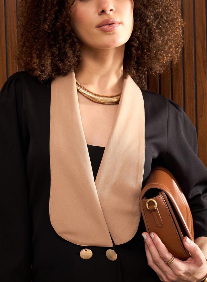 SASSAFRAS Women Black Contrast Trim Double Breasted Blazer Mini Dress - Image 4