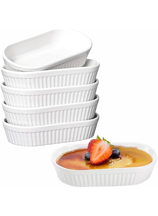 Ramekins Set of 6 - Souffle Dishes, 8 Oz Oval Ramekins for Baking Crème Brulee, Porcelain Dessert Bowls, Shallow Ramekin, Oven Safe, White