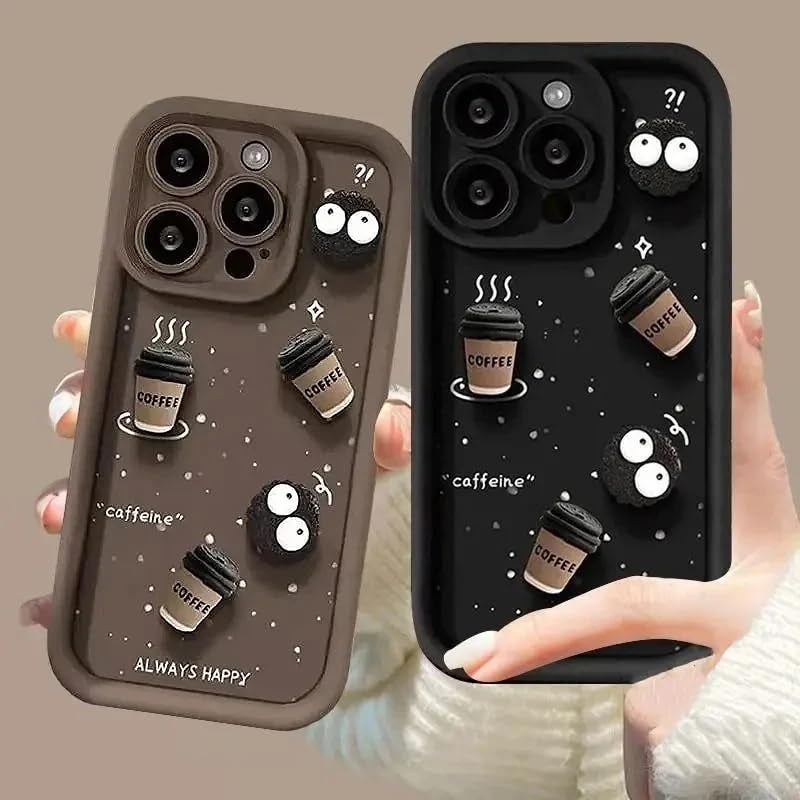 ZEROTONE Back Case Cover Compatible for iPhone 14 Pro | Pack of 2 Combo Black & Brown Case | Cute Fun Cartoon 3D Ball Coffee Silicone Case | Body Protection | Camera Protection | Shock Proof - Image 1