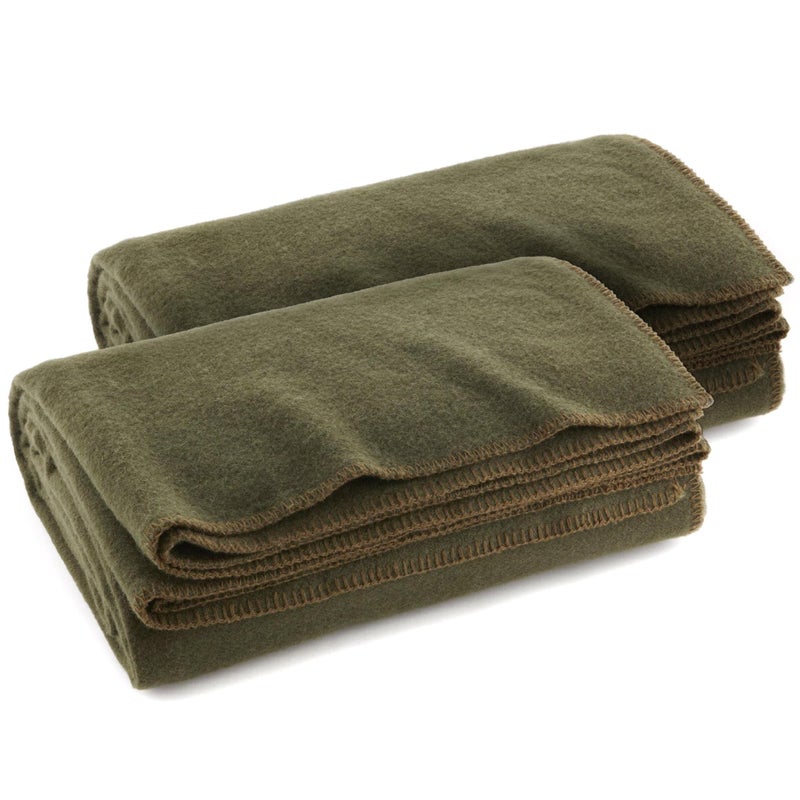 Ever Ready First Aid Olive Drab Green Warm Fire Retardant Blanket, 66" x 90" (80% Wool) â€“ US Military Style, Heavy-Duty Survival & Emergency Blanket for Camping, Hunting, Outdoors & Home Use - 2 Pack - Image 1