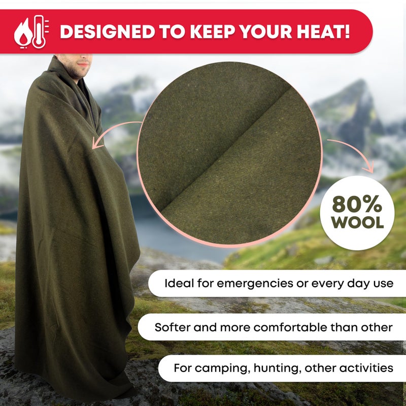 Ever Ready First Aid Olive Drab Green Warm Fire Retardant Blanket, 66" x 90" (80% Wool) â€“ US Military Style, Heavy-Duty Survival & Emergency Blanket for Camping, Hunting, Outdoors & Home Use - 2 Pack - Image 3