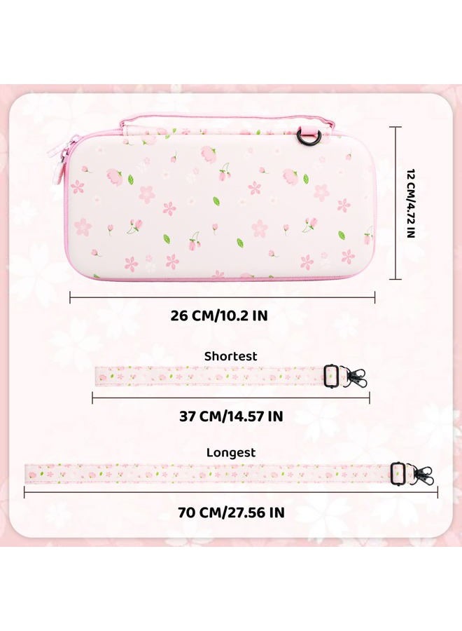 RHOTALL حقيبة حمل وردية ساكورا لمستوى نينتندو سويتش، حقيبة تخزين لطيفة بتصميم أزهار الكرز لملحقات السويتش مع غلاف واقي، واقي شاشة، حزام كتف قابل للتعديل و2 غطاء إبهام - Image 3