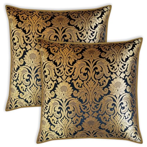 AVKA Studio Throw Pillow Covers - Pack of 2 Floral Brocade Decorative Pillows - Black & Antique Gold 20X20 - Indian Faux Silk Jacquard Cushion Cover - Cover Only - Image 1
