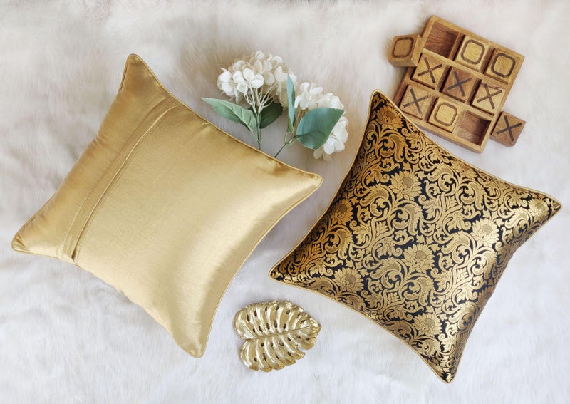 AVKA Studio Throw Pillow Covers - Pack of 2 Floral Brocade Decorative Pillows - Black & Antique Gold 20X20 - Indian Faux Silk Jacquard Cushion Cover - Cover Only - Image 4