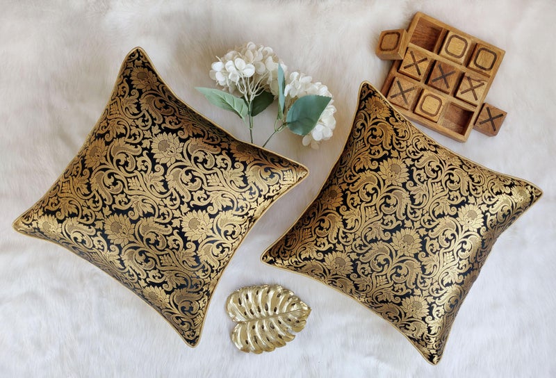 AVKA Studio Throw Pillow Covers - Pack of 2 Floral Brocade Decorative Pillows - Black & Antique Gold 20X20 - Indian Faux Silk Jacquard Cushion Cover - Cover Only - Image 2