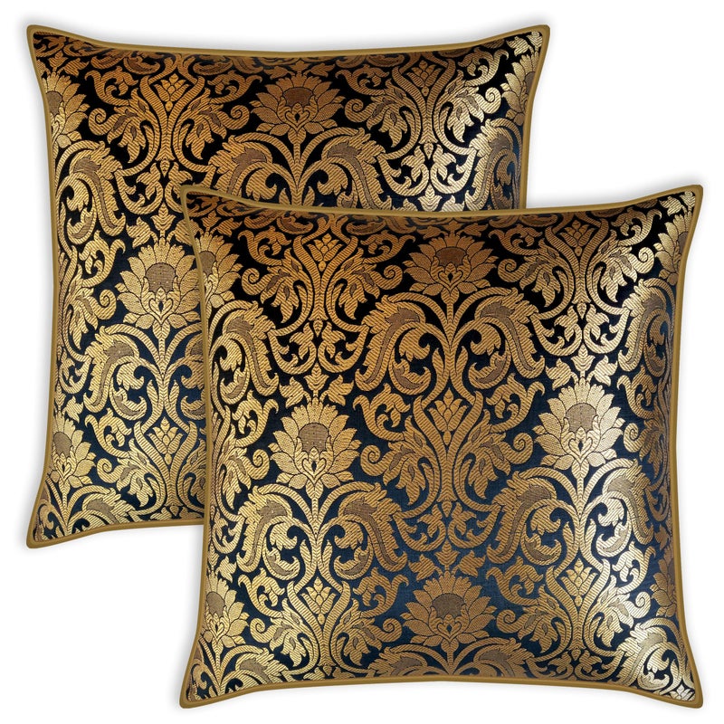 AVKA Studio Throw Pillow Covers - Pack of 2 Floral Brocade Decorative Pillows - Black & Antique Gold 20X20 - Indian Faux Silk Jacquard Cushion Cover - Cover Only - Image 5
