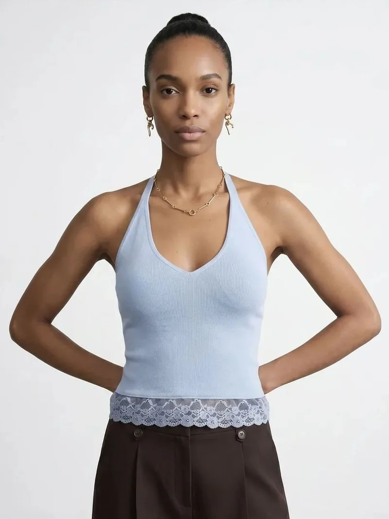 ديلفين DILVIN Ribbed Lace Halterneck Blouse