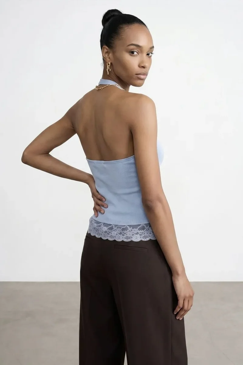 Dilvin Baby Blue DILVIN Ribbed Lace Halterneck Blouse for Women | Best Price UAE