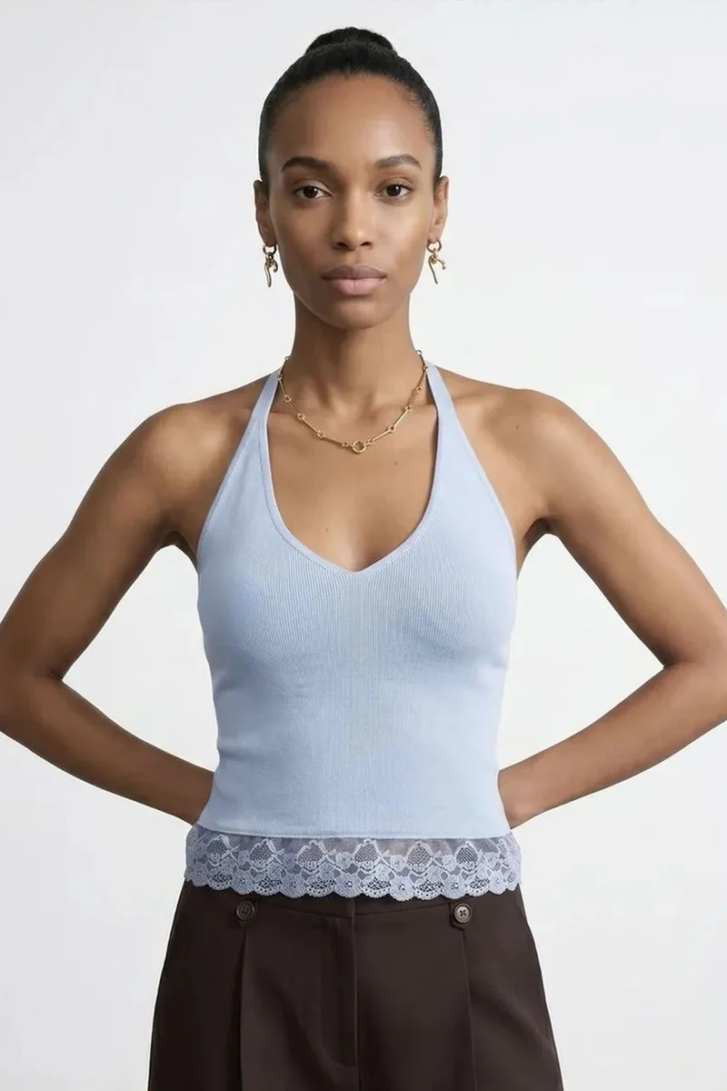 DILVIN Ribbed Lace Halterneck Blouse