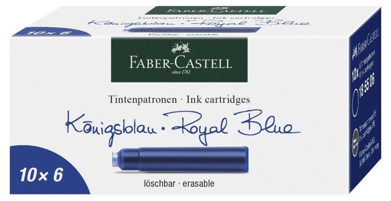 فابير كاستل حزمة خراطيش حبر مكونة من 6 عبوات في كل منها 10 قطع من فابير كاستل بنظام خراطيش قياسي وحبر بجودة عالية لون ازرق قابل للمسح، لاقلام الحبر السائلة، صناعة المانية، 185506 - Image 1
