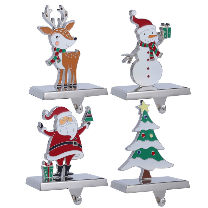 Houdezhu Set of 4 Christmas Stocking Hangers for MantelChristmas Tree Reindeer Santa Snowman Stocking Holders for FireplaceStocking Hangers for Mantel Xmas Tree Mantel Hooks Hanger MultiColor 4Pack 