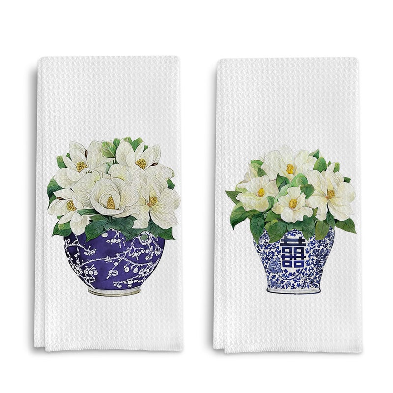 Qpenm Chinoiserie Vase Kitchen Tea Towel Set of 2 - Floral Dish Towels, Vintage Kitchen Towels, Waffle Weave Hand Towels 16 X 24 Inch - Image 1