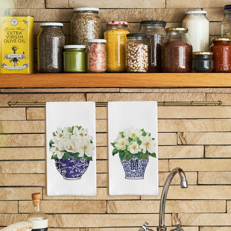 Qpenm Chinoiserie Vase Kitchen Tea Towel Set of 2 - Floral Dish Towels, Vintage Kitchen Towels, Waffle Weave Hand Towels 16 X 24 Inch - Image 2