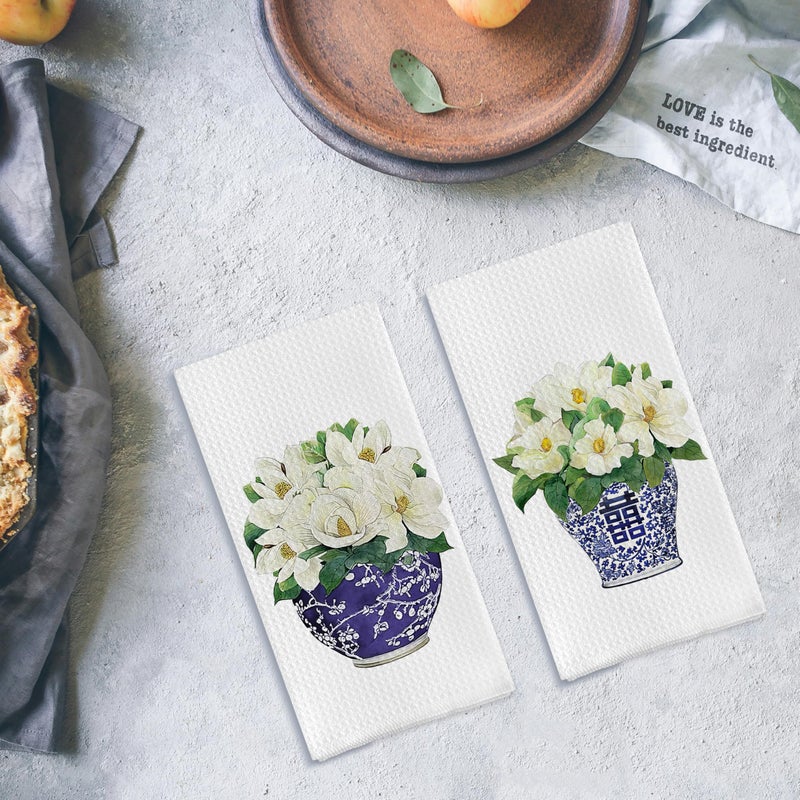 Qpenm Chinoiserie Vase Kitchen Tea Towel Set of 2 - Floral Dish Towels, Vintage Kitchen Towels, Waffle Weave Hand Towels 16 X 24 Inch - Image 4